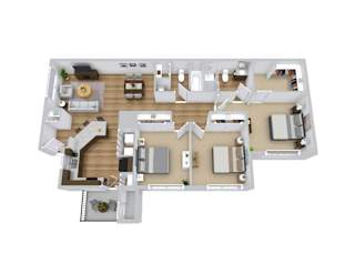 A 3D floor plan of a house with a kitchen, living room, and bedrooms.