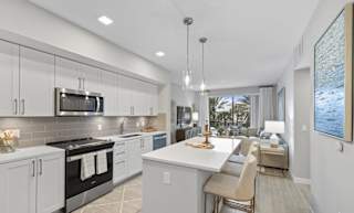 A modern kitchen with a large island and a view of the outdoors.