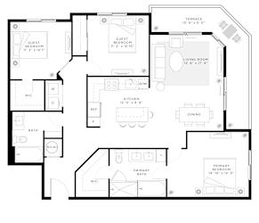 3 Bedroom 2 Bath 1,369 Sq.Ft. C1 Floor Plan at Mayla Pompano, Pompano Beach, Florida