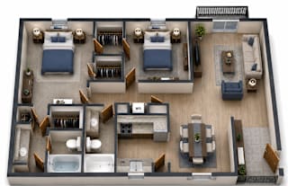 Two bedroom apartment 3D floor plan with open layout at Woodway Gardens Townhomes Apartments, Houston, 77063