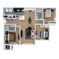 A floor plan of a house with a kitchen, living room, dining room, and two bedrooms.