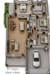A floor plan of a C2 Duplex apartment with 3 bedrooms and 2 bathrooms.