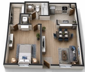 A top-down view of a living room, kitchen, and dining area in a house.