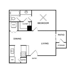 A simple black and white floor plan of a house with a bedroom, a living room, a pantry, a dining area, and a storage area.