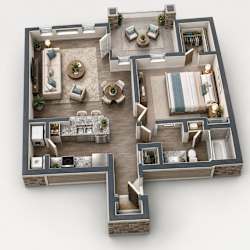 A 3D floor plan of a house with multiple rooms and furniture.
