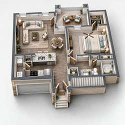 A 3D floor plan of a house with a living room, kitchen, dining room, and two bedrooms.