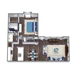 A top-down view of a house layout with a living room, dining area, kitchen, and bedrooms.