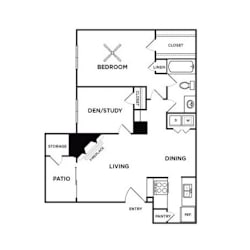 A floor plan of a house with a living room, dining room, kitchen, and a den/study.