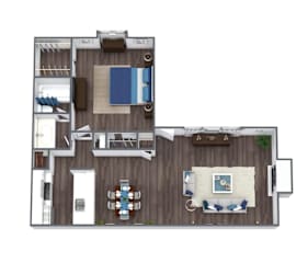 A top-down view of a house layout with a living room, dining area, kitchen, and bedrooms.