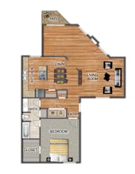 A diagram of a house layout with a kitchen, dining room, living room, bathroom, bedroom, and closet.