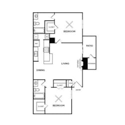 A floor plan of a home with two bedrooms, a living room, a dining room, and a storage area.