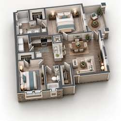 A 3D floor plan of a multi-level home with various rooms and furniture.