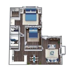 A top-down view of a house layout with a kitchen, living room, and bedrooms.