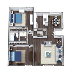 A top-down view of a house layout with multiple rooms and furniture.