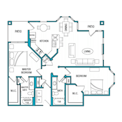 A blue and white floor plan of a house with two master bedrooms.