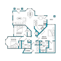 A blue and white floor plan of a house with two master bedrooms.