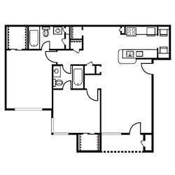 A black and white image of a floor plan with various rooms and furniture.