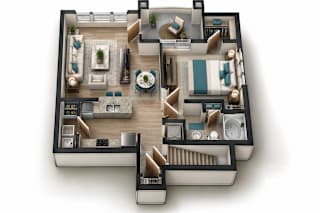 A top-down view of a modern apartment layout.