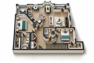A 3D floor plan of a house with various rooms and furniture.