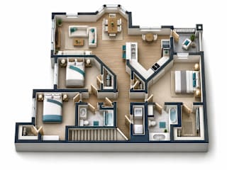 A top-down view of a house layout with multiple rooms and furniture.