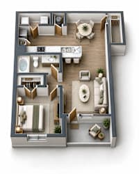 A 3D floor plan of a house showing the layout of the rooms.