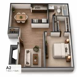 A 3D floor plan of a small apartment with one bed and one bath.