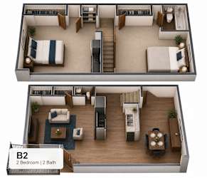 A 3D floor plan of a 2 bedroom, 2 bathroom apartment.