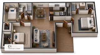 A 3 bedroom apartment with 2 bathrooms is labeled C1.