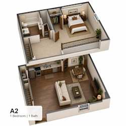 A 3D floor plan of a one bedroom apartment with a bathroom.