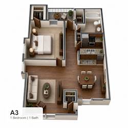 A 3D floor plan of a one bedroom apartment with one bathroom.