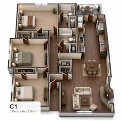 A 3 bedroom apartment with 2 bathrooms is labeled C1.