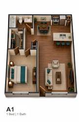 A 1 bedroom apartment with a bathroom.