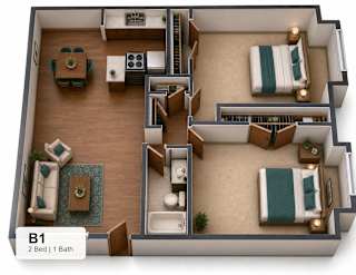 A 2 bedroom apartment with one bathroom is labeled B1.