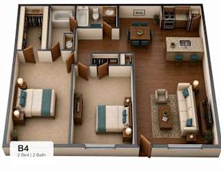 A 3D floor plan of a B4 apartment with two bedrooms and two bathrooms.
