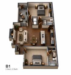 3D floor plan layout for two bedroom apartment at Marshall Apartments, Balch Springs, Texas