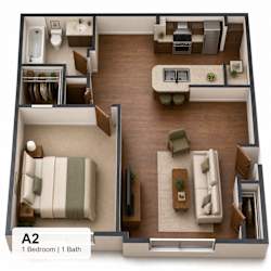 1 bed one bath floorplan at The Meadows Apartments, Texas, 75043