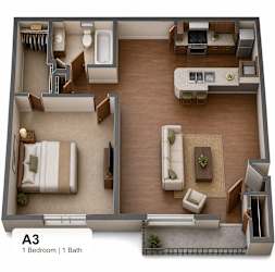 One bedroom 1 bath 3D floorplan at The Meadows Apartments, Garland, TX 75043