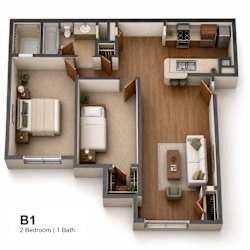 2 bed one bathroom floorplan at The Meadows Apartments, Garland, TX