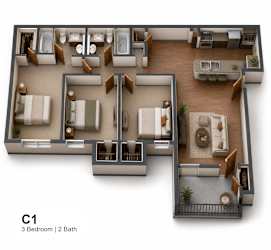 3 bed 2 bath floorplan with balcony at The Meadows Apartments, Garland, Texas