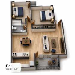 A 2 Bedroom apartment with 1 Bathroom is shown in this image.