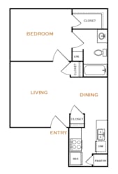 A floor plan of a small apartment with a bedroom, living room, dining room, pantry, and entry.
