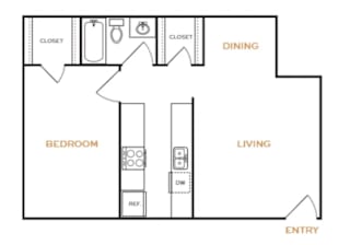 A floor plan of a room with a bedroom, living room, and dining area.