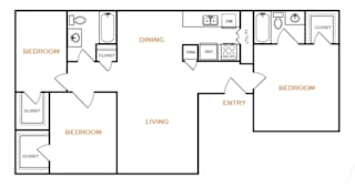 A floor plan of a house with three bedrooms, a living room, a dining room, a kitchen, a bathroom, and a laundry room.