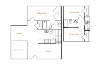 A black and white image of a house floor plan with three bedrooms, a living room, a dining room, and a kitchen.
