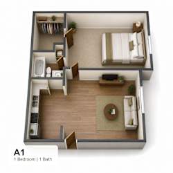 A 1 bedroom apartment with 1 bathroom.