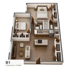 A 2 bedroom apartment with 2 bathrooms is shown in this image.