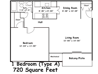 A floor plan of a 720 square feet one bedroom apartment.