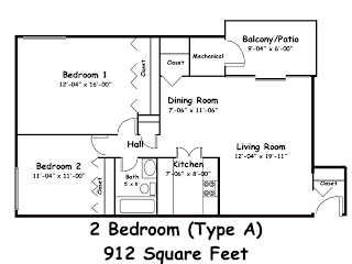 A drawing of a 2 Bedroom (Type A) house plan with a total area of 912 Square Feet.