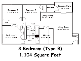 A floor plan of a 3 bedroom apartment with a living room, dining room, kitchen and bathrooms.
