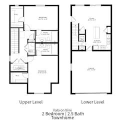 2D floor plan for a 2 bedroom 2.5 bath townhome for rent at VALO On Vine in Tooele, Utah